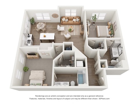 Floor plan for 2 beds, 2 baths, 1130 sqft